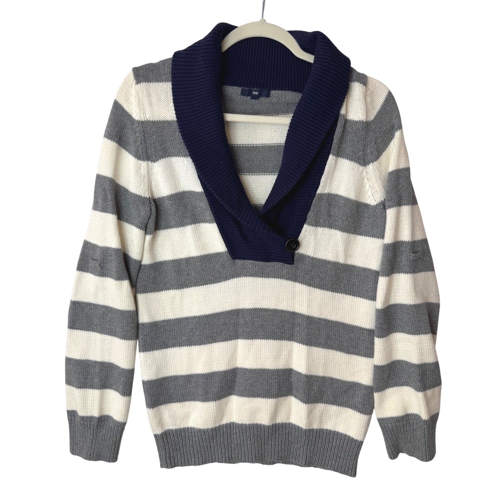 Gap Shawl Neck Collar Sweater Mens M Striped Grey Knit Preppy Fisherman Gorpcore